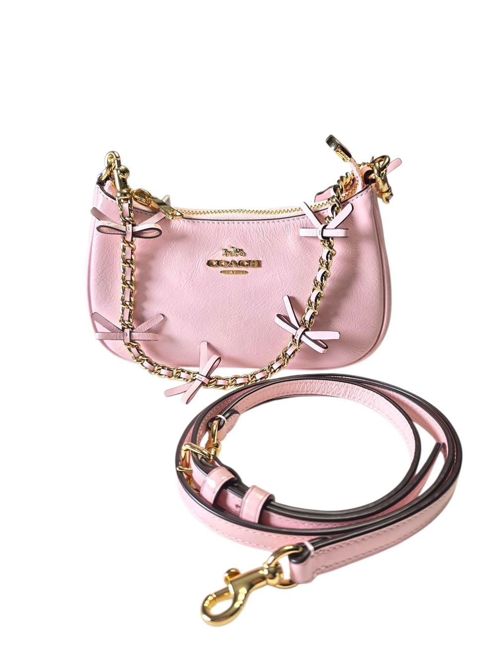 Coach Teri Mini Pink Leather Crossbody Bag with Bow Chain New With Tags